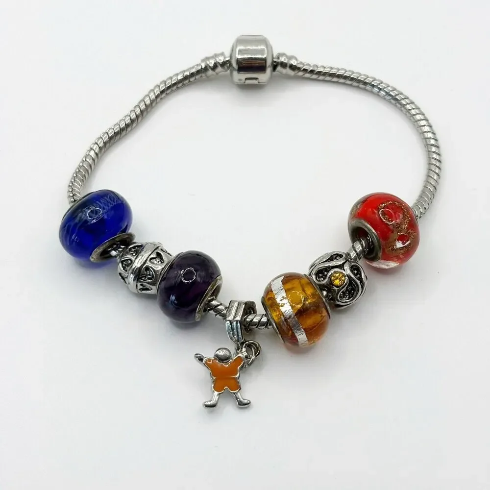 Snake Chain Bead Charm Bracelet 7 Slide On Charms Silver Tone